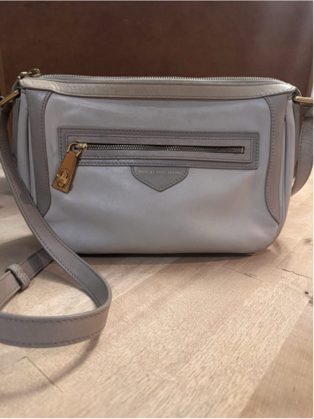 Marc Jacobs Taupe And Gray Leather Crossbody Purse Bag Locking Zipper Gold Accen